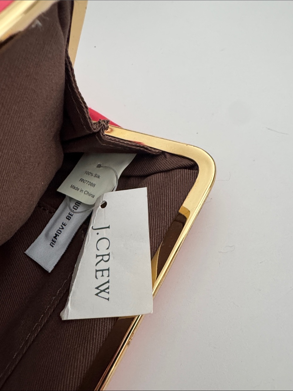 100% silk J.Crew pink w/ gold tone snap bow clutch handbag purse new with tag - Picture 2 of 7